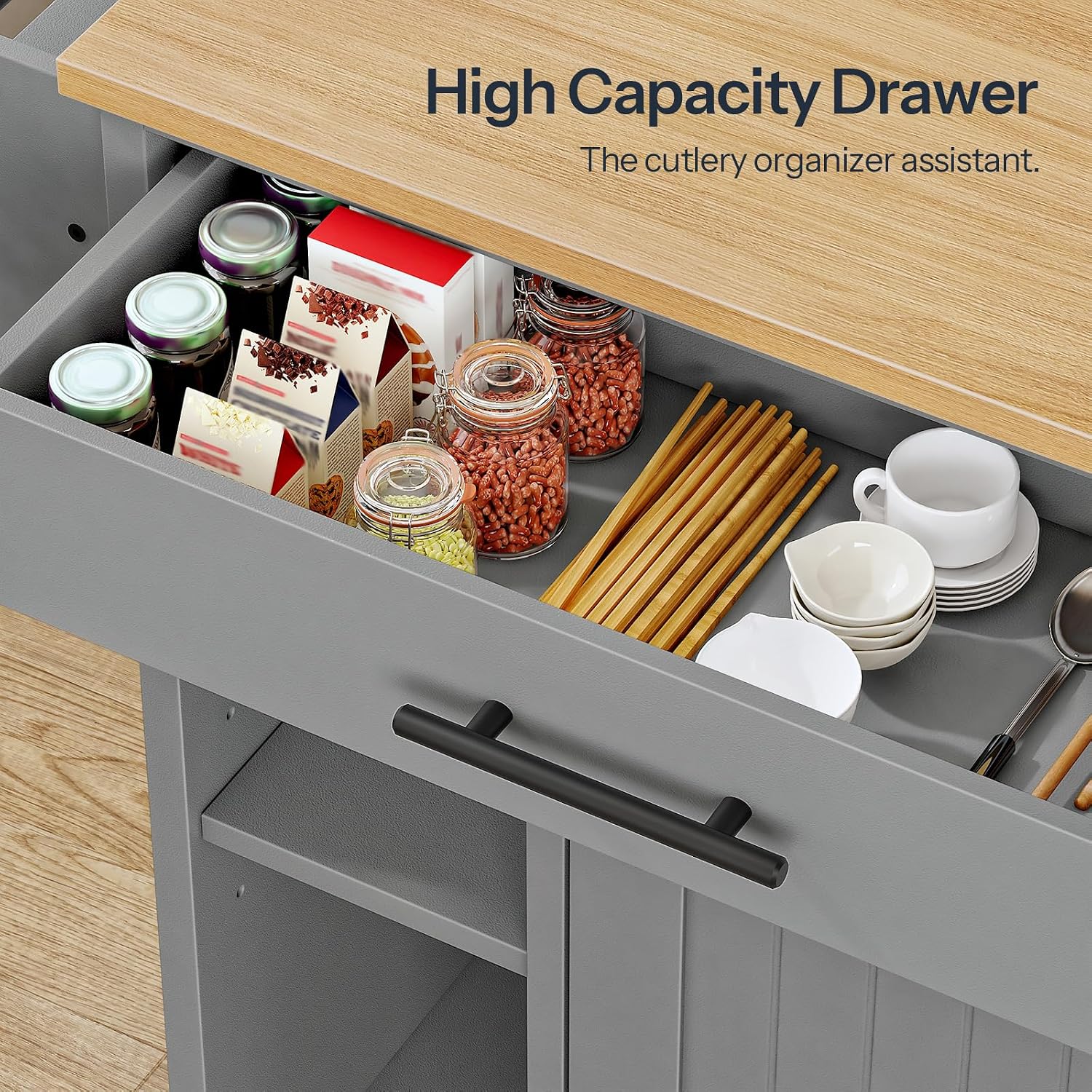 HOOBRO Kitchen Island with Trash Can Storage, Rolling Kitchen Island on Wheels, Mobile Island Cart with Power Outlet, Islands Table for 10 Gallon Garbage Bin, White and Grey GN80UZD01G1