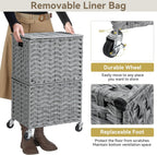 Chrislley 90L Slim Laundry Hamper with Wheels, Rolling Laundry Basket with Lid and Renovable Liner Bag, Handwoven Rattan Organizer for bedroom, bathroom, laundry room (Grey)