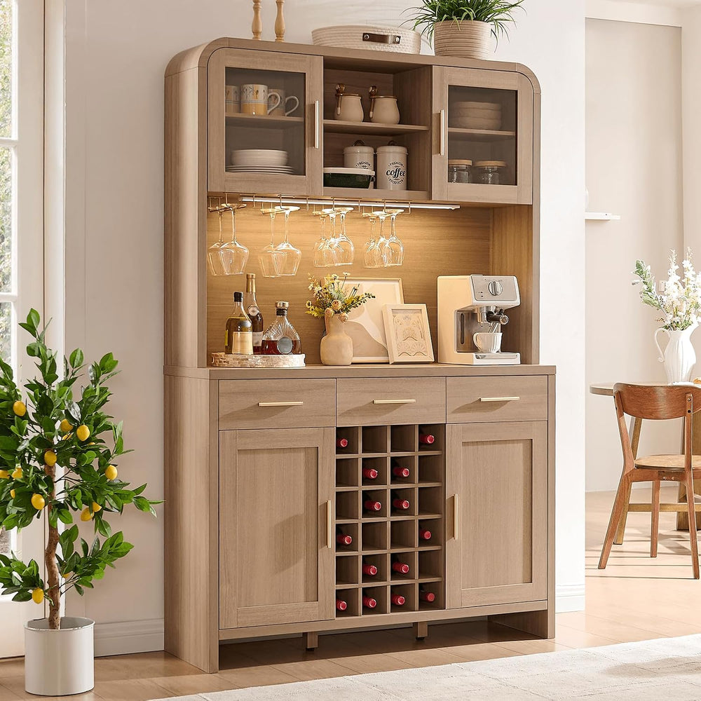 77" Tall Pantry Cabinet & Coffee Bar Cabinet with Storage,Natural Oa...