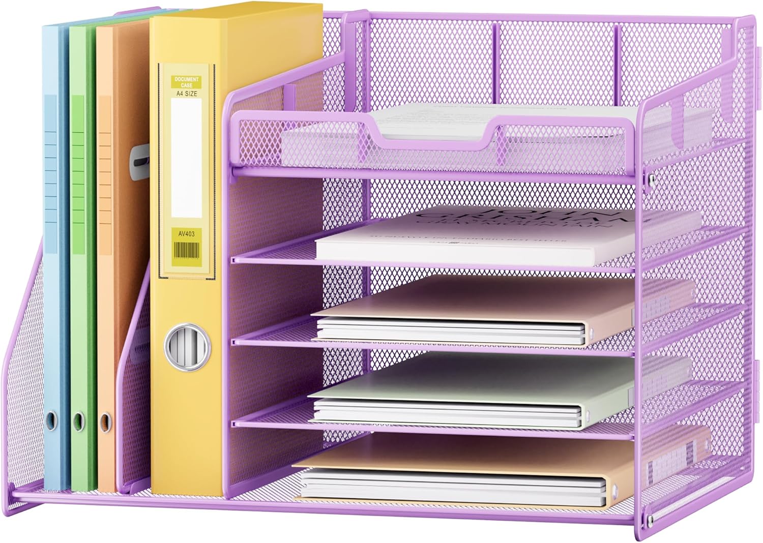 Lavatino 5-Tier Desk Organizer with 2 File Holders, Metal Adjustable Paper Letter Tray for Office or Home Desk Organizers and Accessories | 7 Flexible Dividers Keep Workspace Supplies Neat, Purple