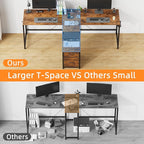 T-Shaped 2 Person Desk with Power Outlet, Long Two Person Gaming Table with LED & Fabric Drawers, 81.2'' Computer Desks with File Cabinet, Double Workstation for Home Office, Rustic Brown
