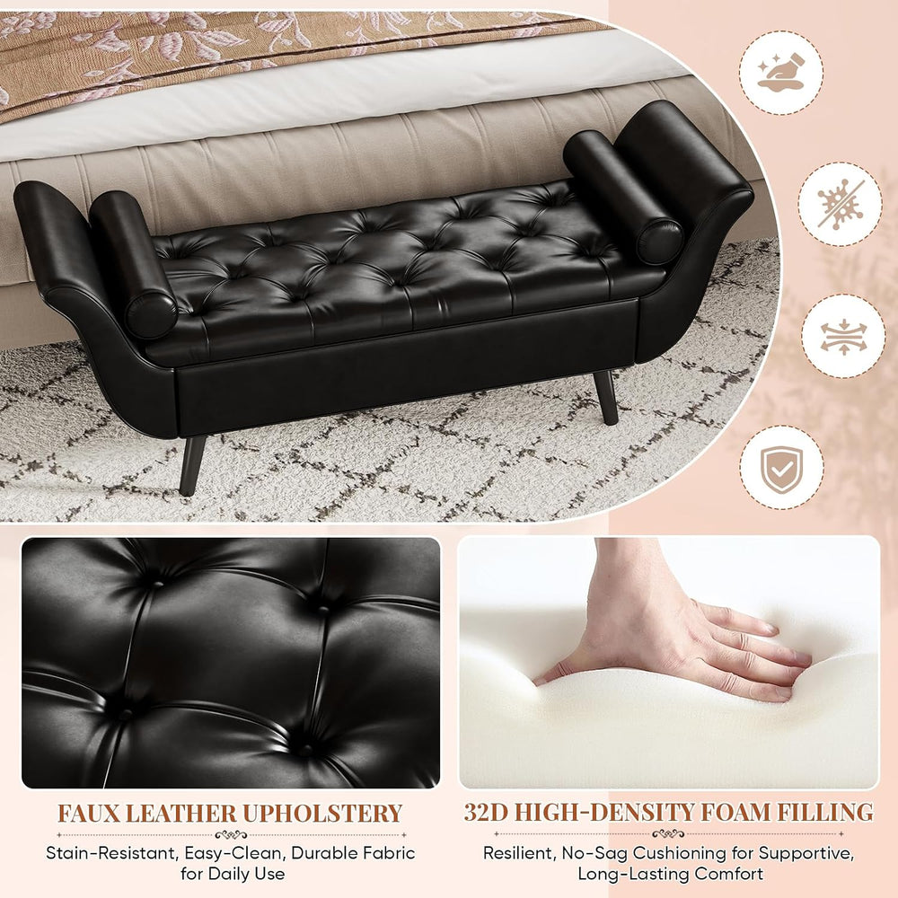 Faux Leather Storage Bench for Bedroom End of Bed, 65-Inch Rolled Arm Upholst...