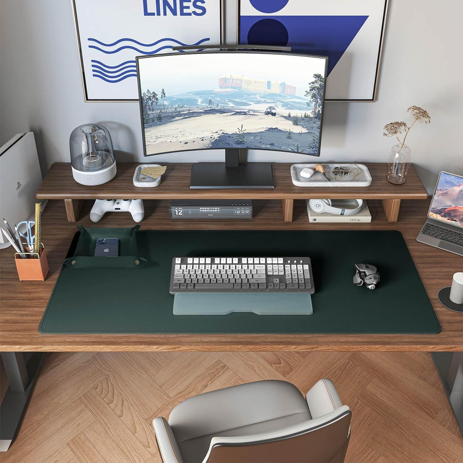 DAWNTREES Dual Sided Desk Mat,Leather Desk Pad,Cork Desk Mat Protector,with PU Leather Valet Tray Organizer,Large Mouse Pad,Desk Writing Pad for Office and Home(Dark Green 31.5"x15.8")