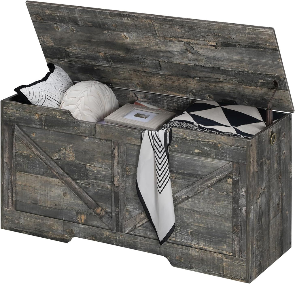 HOOBRO Storage Bench, 39.4” Retro Wooden Storage Chest with U-Shaped Cut-Out Pull, Safety Hinge, Supports 220 lb and Easy Assembly for Toy Box Organizer (Vintage Gray) VP771CW01