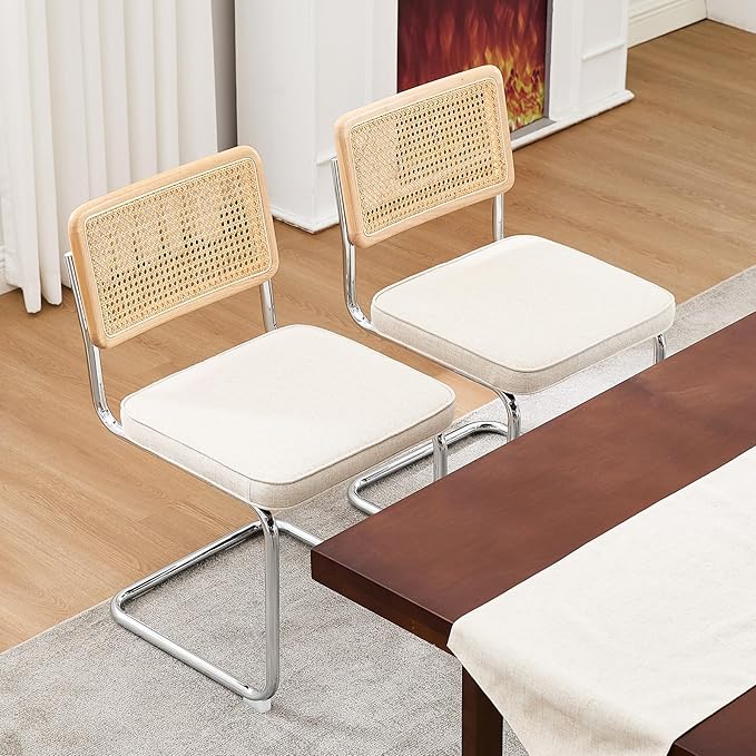 Zesthouse Natural Rattan Dining Chairs Set of 4, Mid Century Modern Dining Chairs with Solid Wood Back & Chrome Base, for Kitchen Living Room, Breuer Design Inspired, Upholstered Linen Fabric, Beige