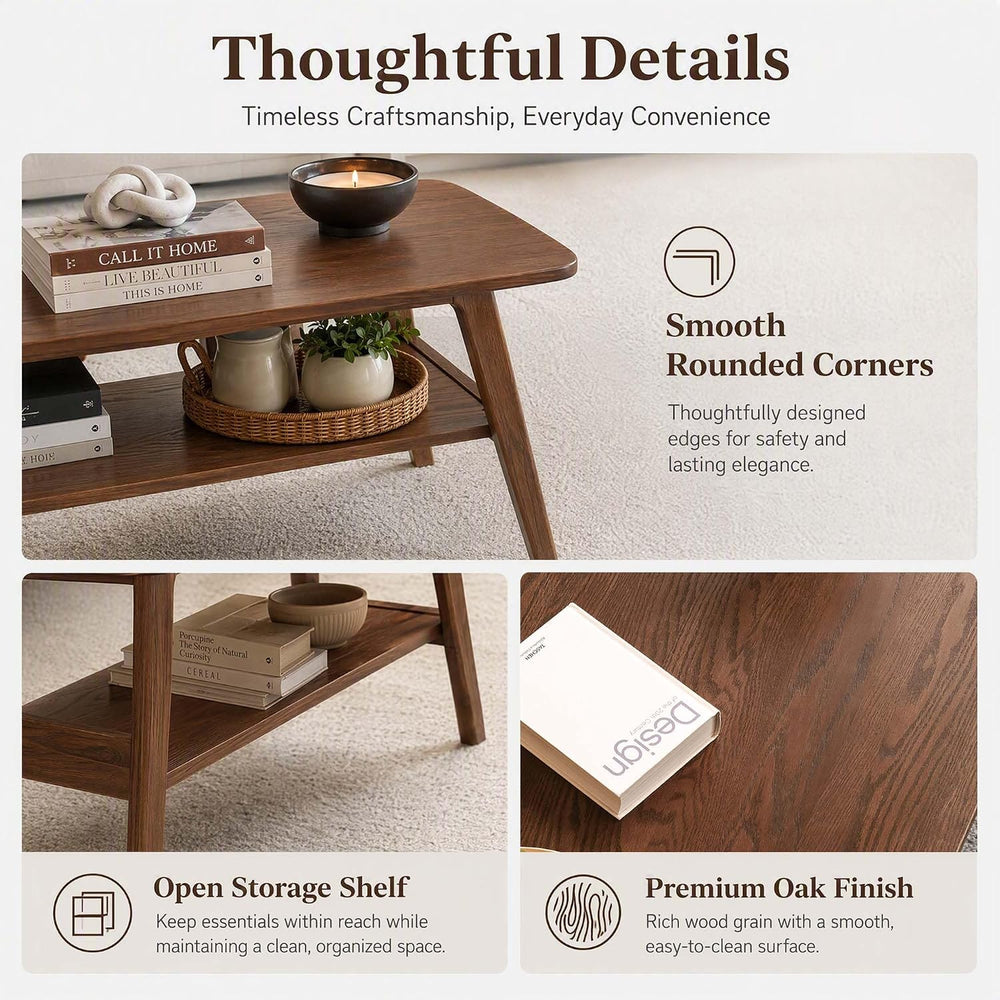 100% Solid Oak Coffee Table with Storage Shelf, 31.49" W