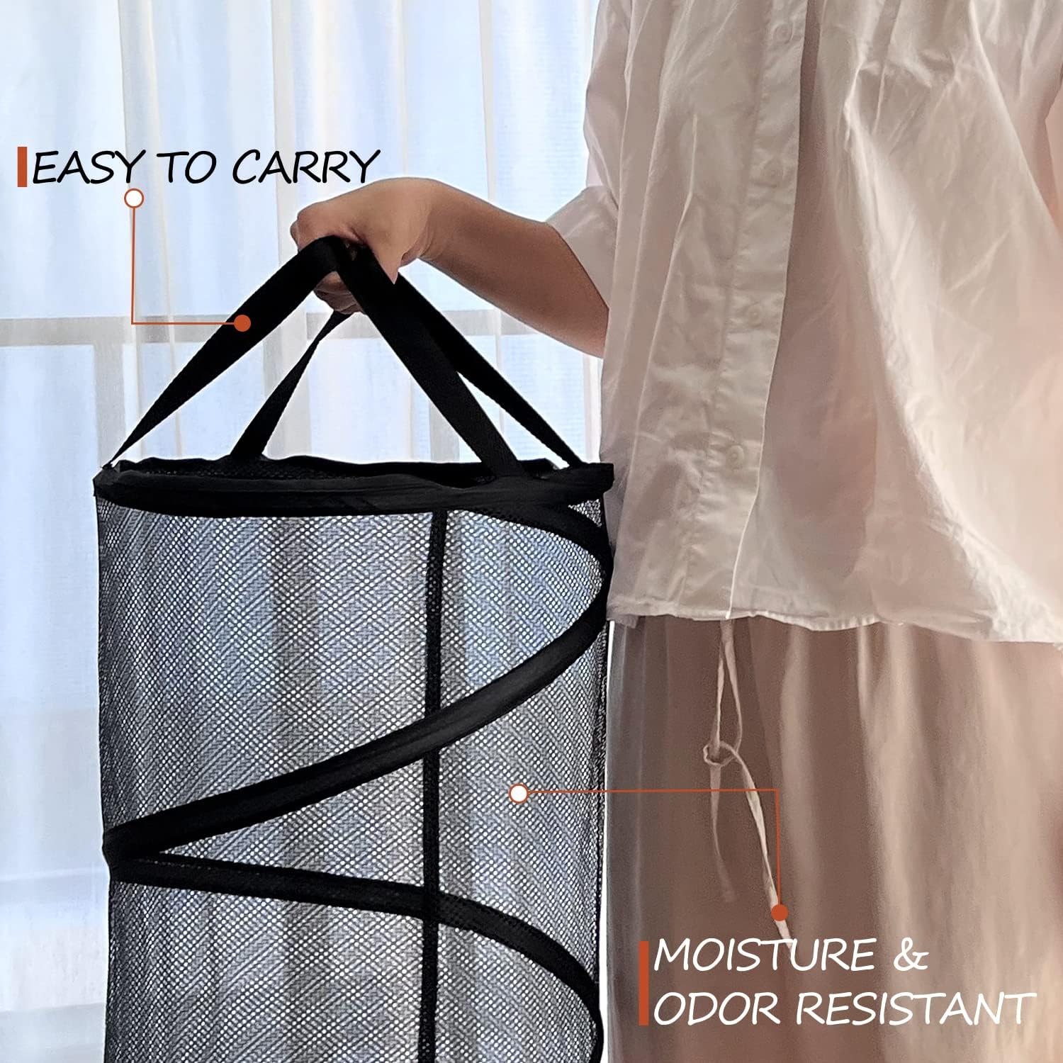 BATTOO 2 Pack Large Collapsible Laundry Basket Foldable Mesh Pop Up Hamper with Handles for Laundry Room, Bathroom, Kids Room, College Dorm, Travel, Storage Organizer Black