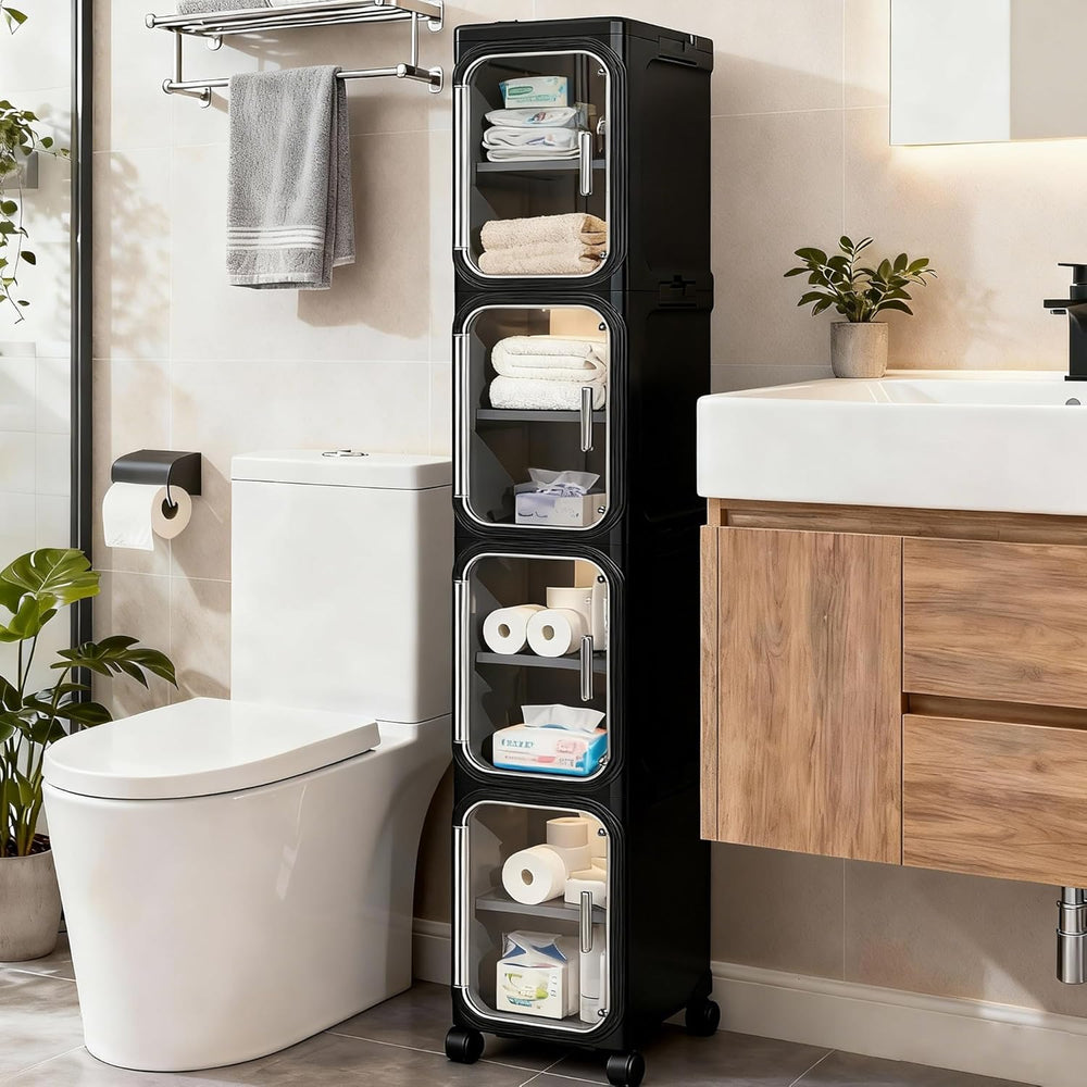 4-Tier Tall Narrow Slim Bathroom Storage Cabinet, Black | Tool Free Assembly,...