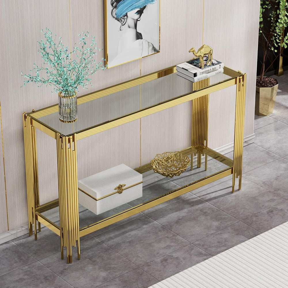 55” Rectangle Glass Console Table, 2-Tier Sofa Table with Clear Tempered Glas...