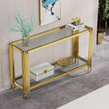 55” Rectangle Glass Console Table, 2-Tier Sofa Table with Clear Tempered Glass Top Golden Mirrored Stainless Steel Legs, Modern Luxury Narrow Entryway Table with Lower Shelf for Living Room