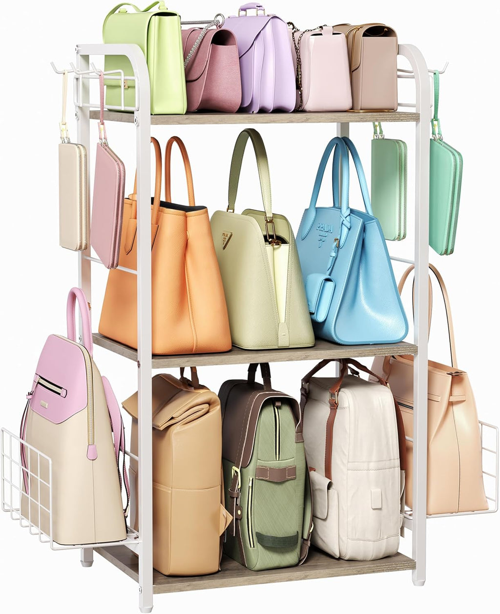 White Purse Organizer, 3-Tier Floor Standing Bag Rack Stand Featuring Side Hooks and Baskets, Adjustable Feets, High Capacity Metal & Wood Handbag Holder Design for Closet Storage, Patent Pending