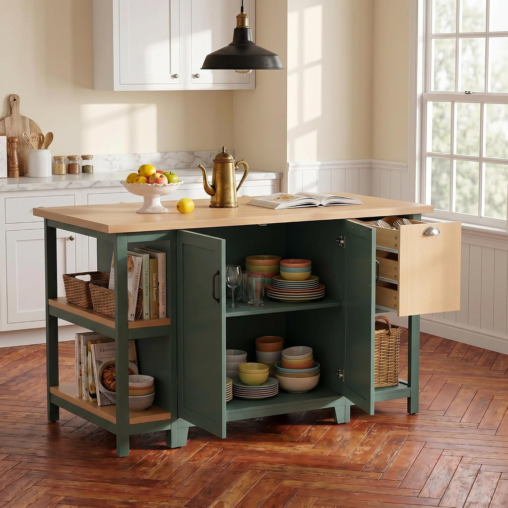 Christopher Knight Home Aaron 58" Kitchen Island with Storage, Modern Island Table for Kitchen, Storage Cabinet with Open Shelves, Wooden Kitchen Prep Table, Coffee Station Cabinet, Green+Natural