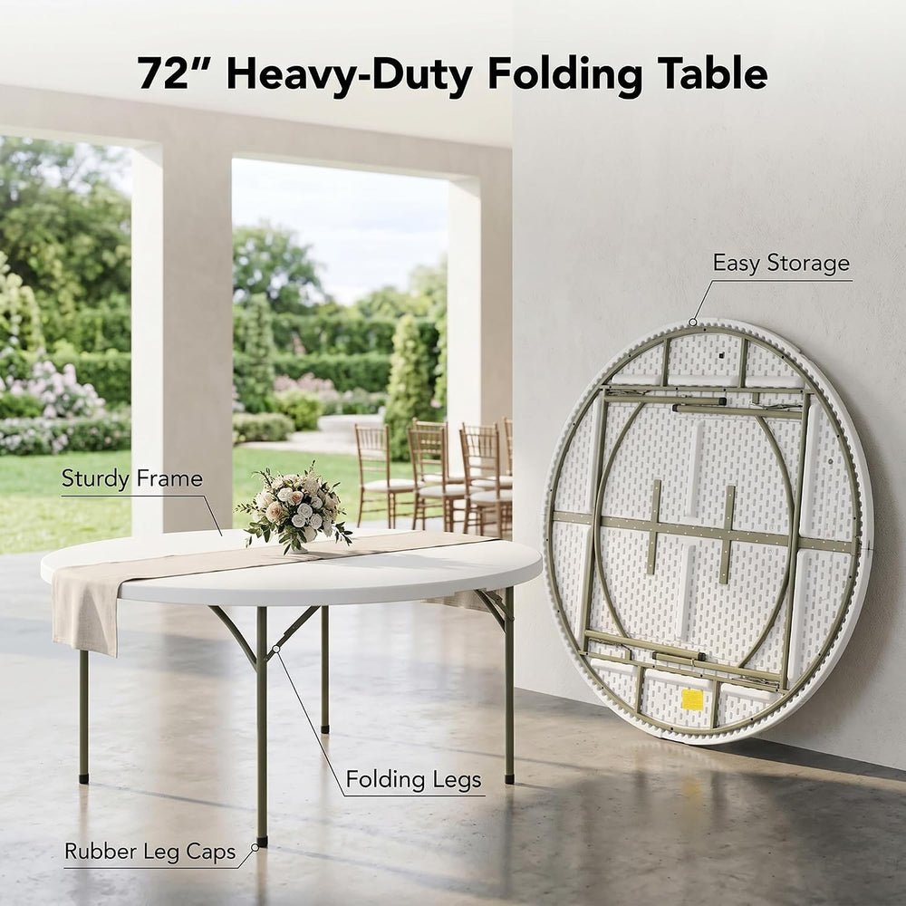 6-Pack 72-Inch Round Plastic Folding Tables, Bulk 6ft Heavy-Duty Commercial G...