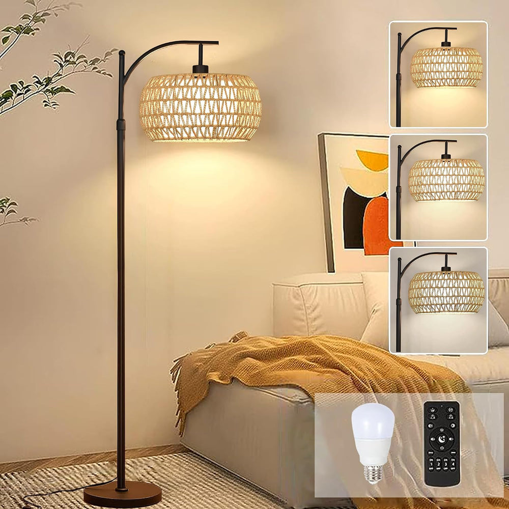 Arc Floor Lamps for Living Room Rattan Boho Floor Lamp with Remote Control,Di...
