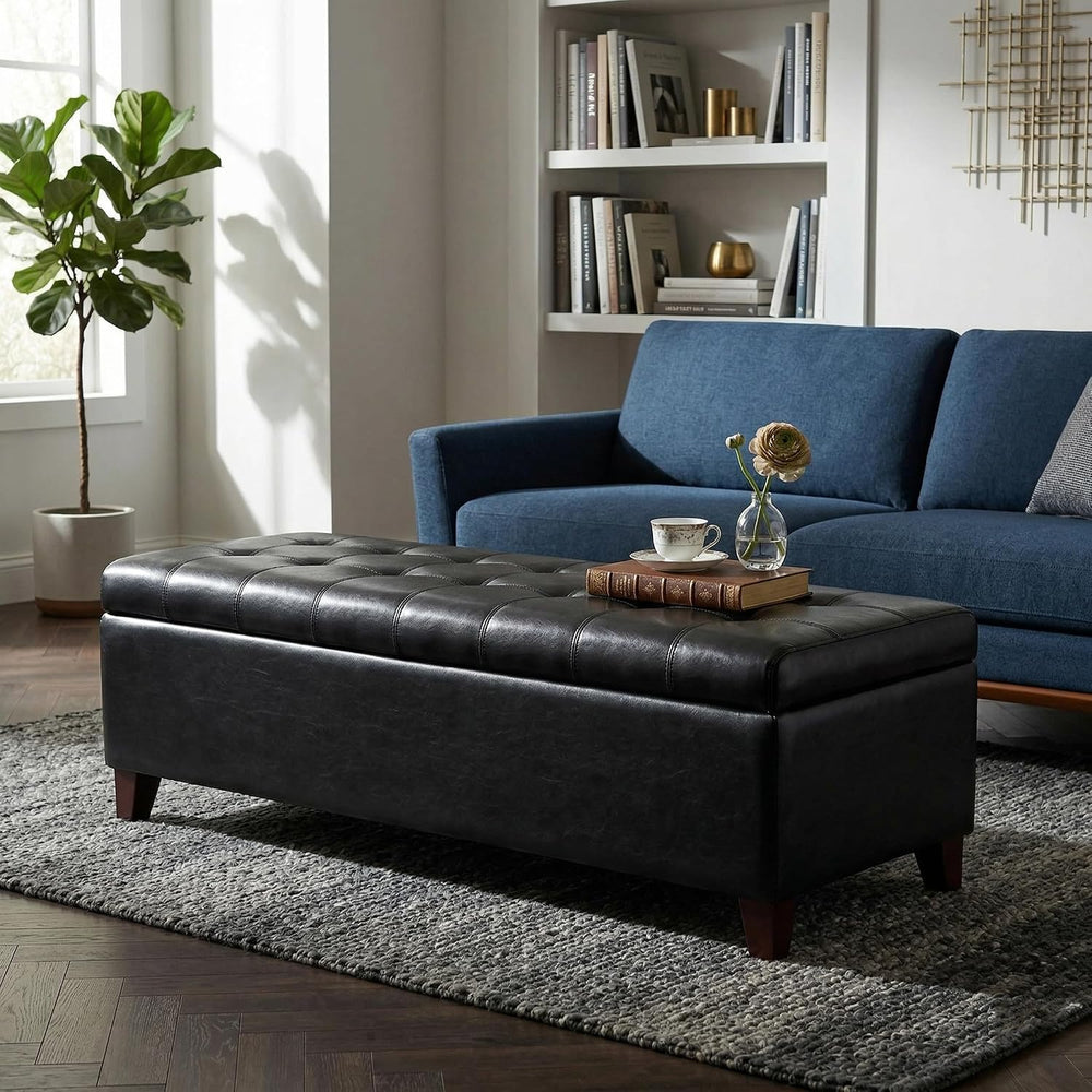 Black Ottoman with Storage Faux Leather Storage Ottoman Bench | 51 Inch Uphol...