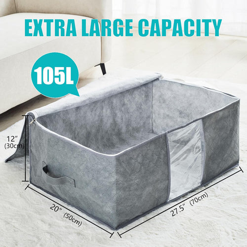 105L Extra Large Storage Bags for Blankets, King Comforters, Bedding, Clothes, Pillows, Sheets - Closet Organizers and Storage with 4 Handles & Clear Window, Foldable & Breathable (Grey, 2pack)