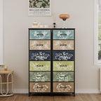 Tohomeor Vintage Dresser Vertical Nightstand with Neutral Botanical Plant Fabric Chest Drawers for Closet Bathroom Storage Tower Unit Bed Side Organizer Farmhouse Rustic (Multi, 6 Drawers)