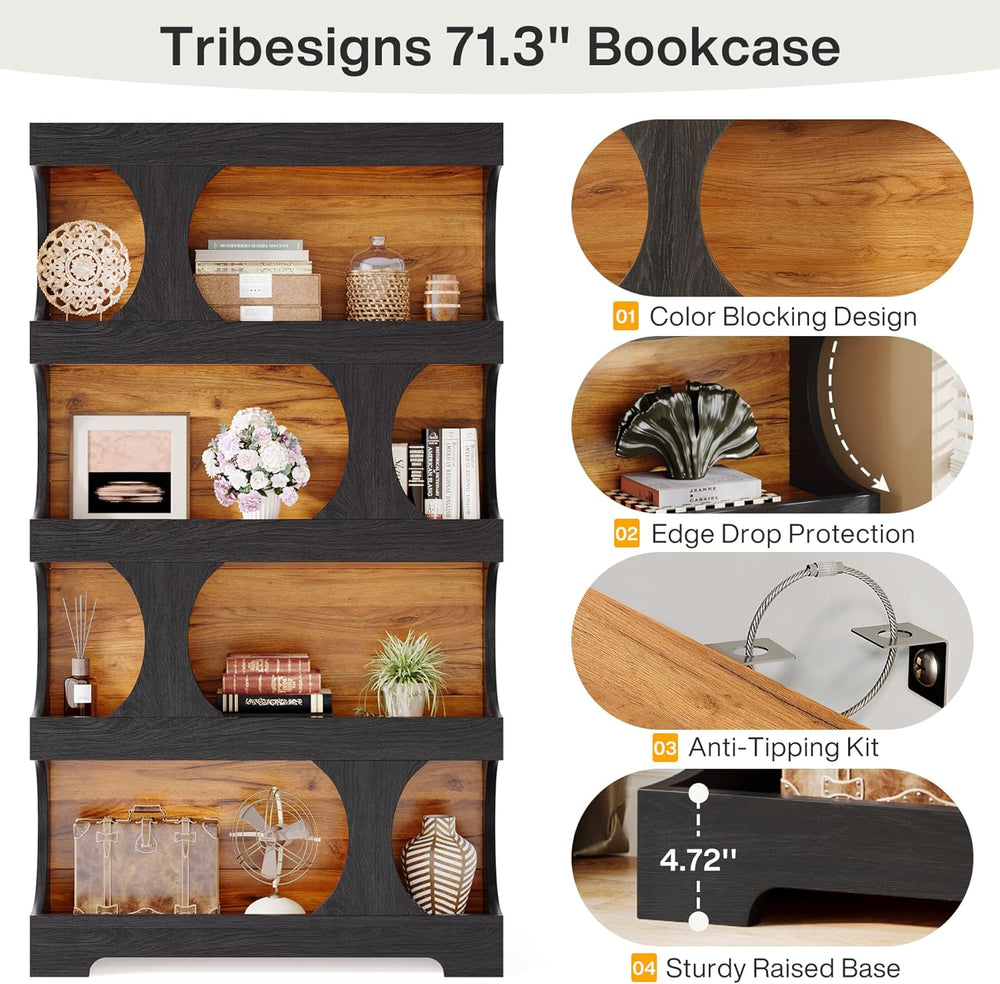Tribesigns 71" Tall Bookcase, 4-Tier S-Shaped Bookshelf, Wood Decorative...