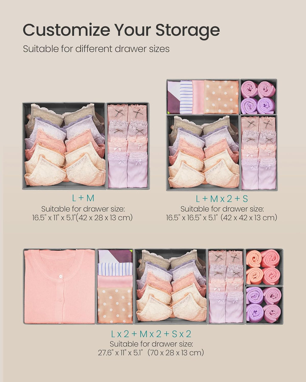 SONGMICS Drawer Organizers, Dresser Divider Organizers, Set of 18, Foldable Fabric Storage Boxes for Socks, Underwear, Bras, Ties, Scarves, Dove Gray URDZ006G05