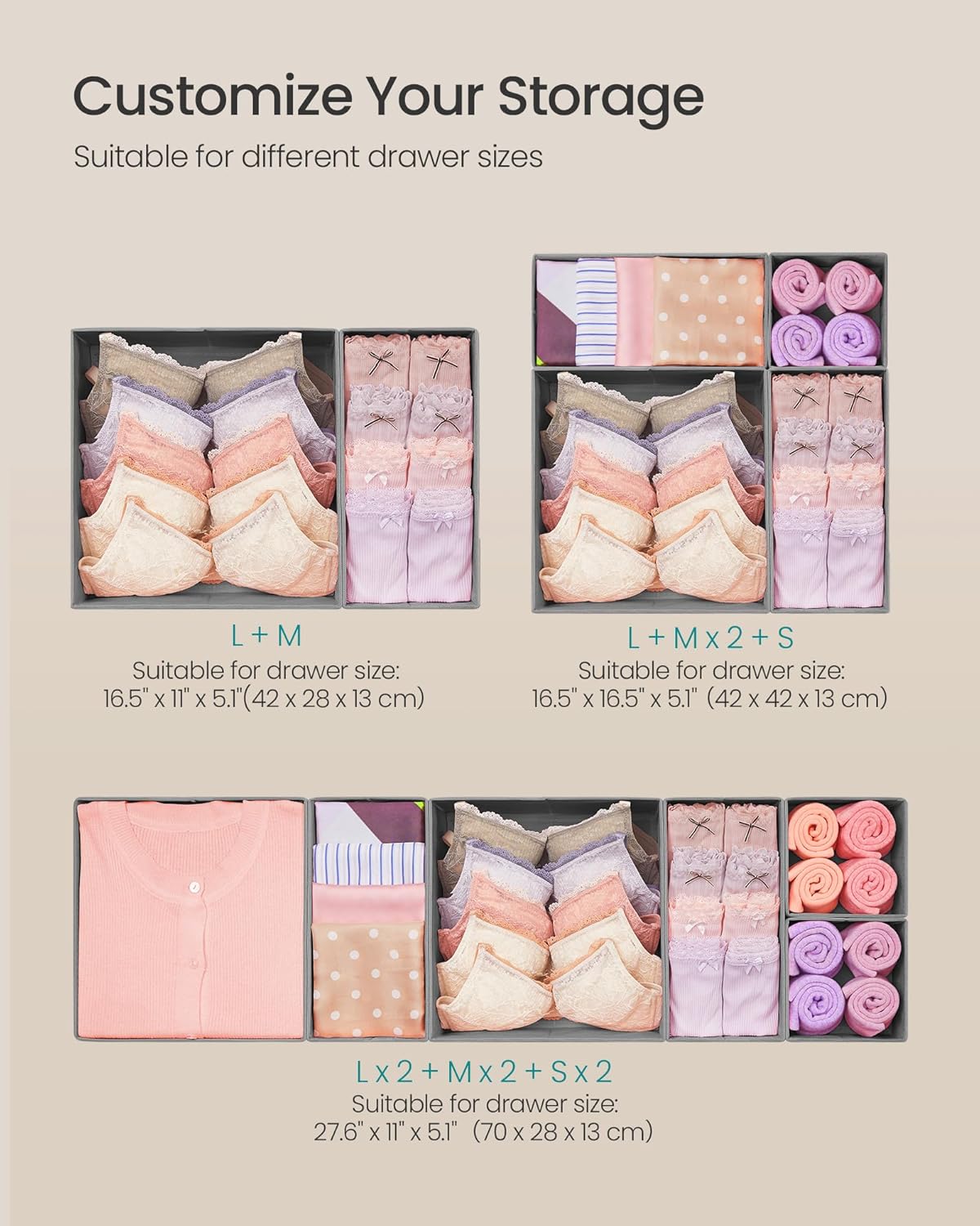 SONGMICS Drawer Organizer, Dresser Drawer Organizers, Set of 12, Foldable Fabric Storage Bins for Socks, Underwear, Bras, Ties, Scarves, Dove Gray URDZ006G02