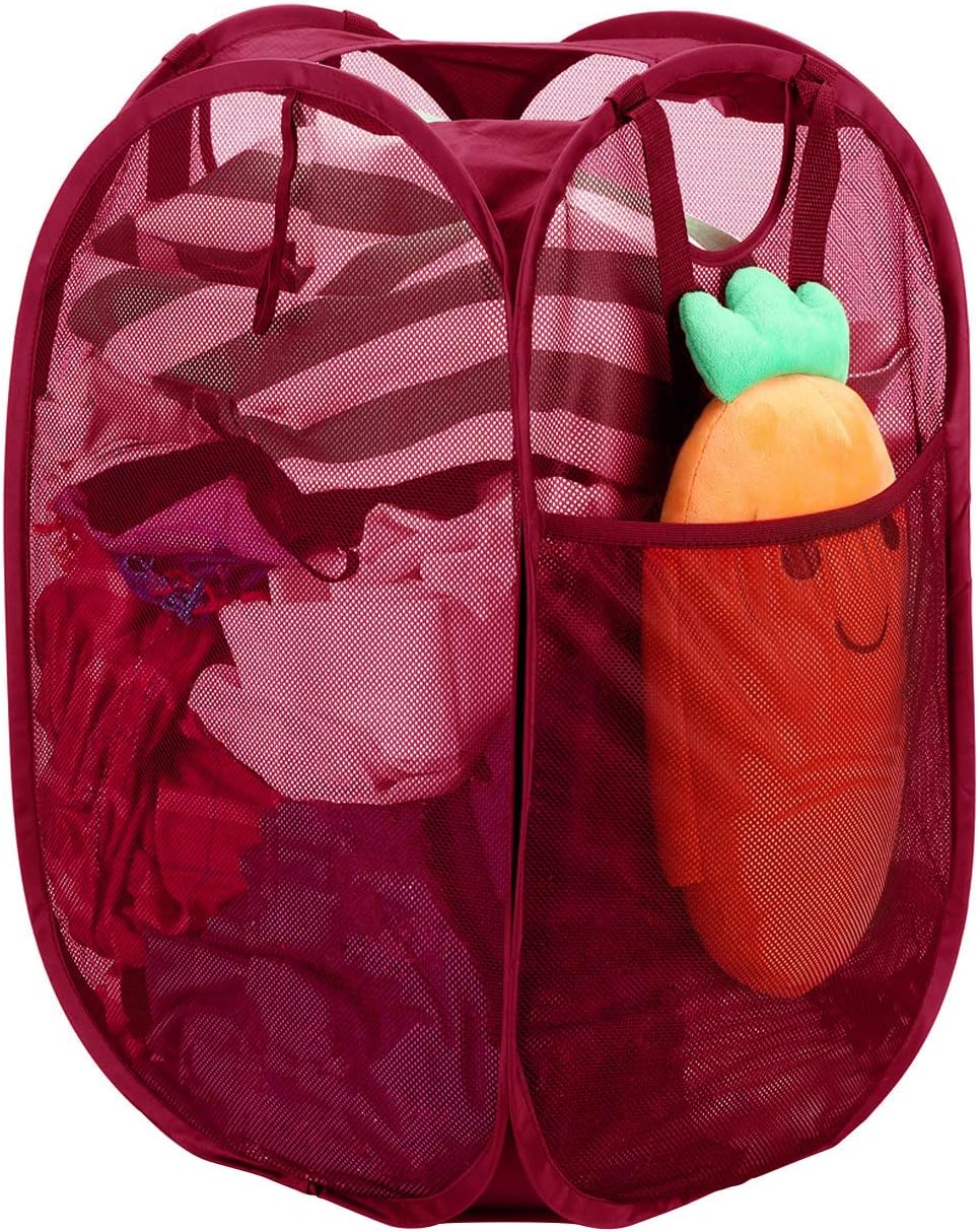 Strong Mesh Pop-up Laundry Hamper, Quality Laundry Basket with Durable Handles Solid Bottom High Carbon Steel Frame, Easy to Open and Fold Flat for Storage (Red)