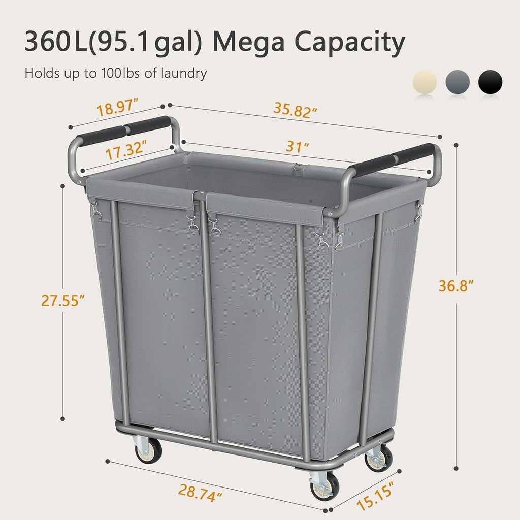 Large Laundry Hamper with Wheels, 360L Rolling Big Laundry Basket for Clothes Storage, Heavy Duty Extra Large Rolling Laundry Cart with Handle, Steel Frame, Waterproof Liner,95.1 Gallons,Grey