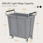 Large Laundry Hamper with Wheels, 360L Rolling Big Laundry Basket for Clothes Storage, Heavy Duty Extra Large Rolling Laundry Cart with Handle, Steel Frame, Waterproof Liner,95.1 Gallons,Grey
