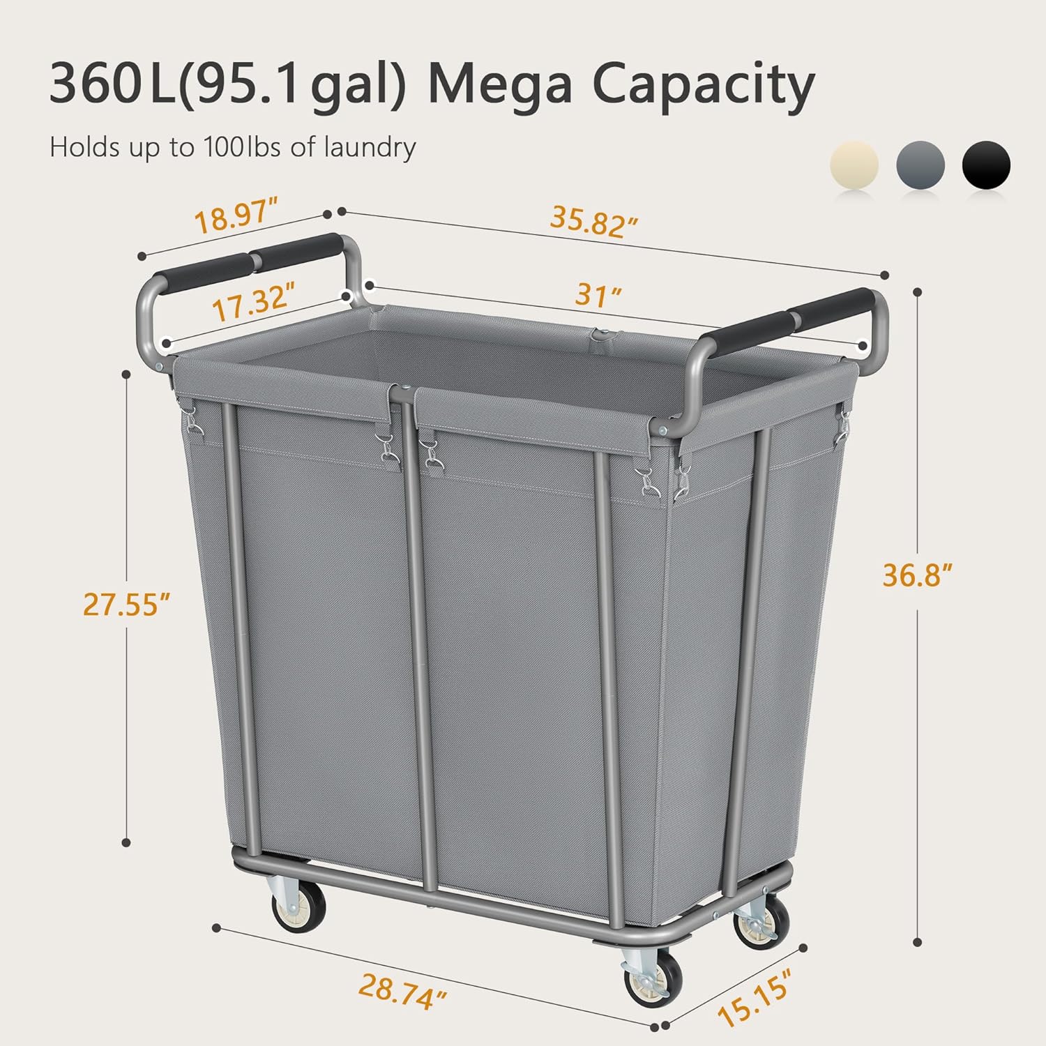 Large Laundry Hamper with Wheels, 360L Rolling Big Laundry Basket for Clothes Storage, Heavy Duty Extra Large Rolling Laundry Cart with Handle, Steel Frame, Waterproof Liner,95.1 Gallons,Grey