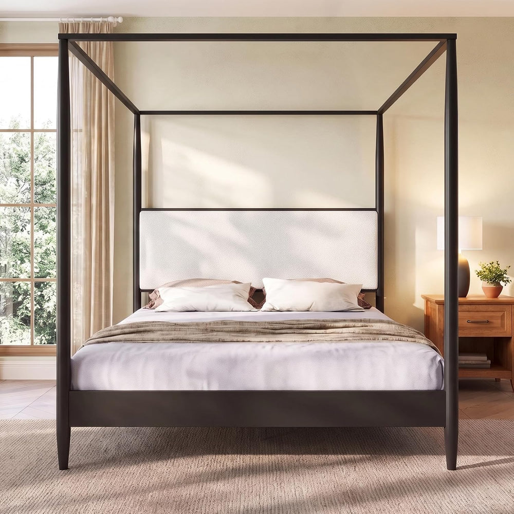 Merax Black Queen Size Canopy Bed Frame with Boucle Headboard and 4 Poster