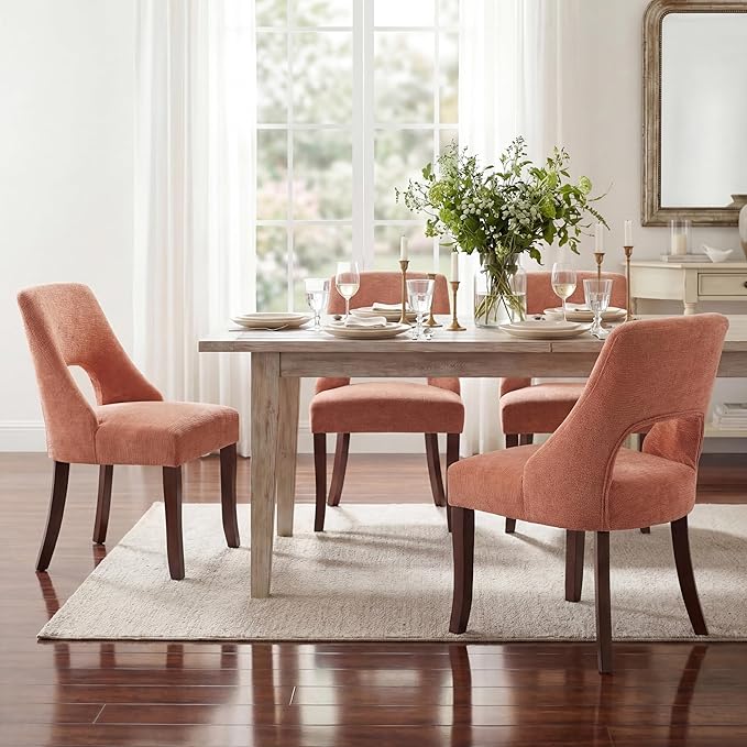 UVV Wooden Dining Chairs Set of 4, Mid Century Modern Upholstered Dining Room Chair Kitchen Chairs, Chenille Dinner Chair with Solid Wood Legs for Kitchen Dining Room, Orange