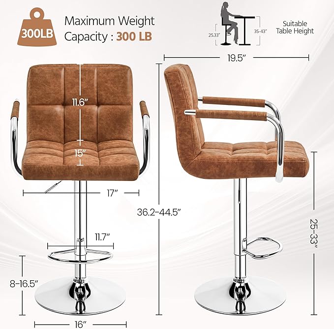 Yaheetech Bart Stools Set of 4, PU Leather Adjustable Barstools with Armrest,...