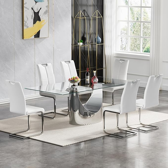 Goujxcy Dining Chairs Set of 6, Modern High Back Kitchen Chairs with Metal Legs and Faux Leather Padded Seat Upholstered Dining Chairs for Dining & Kitchen,Living Room (White&Silver, Set of 6)