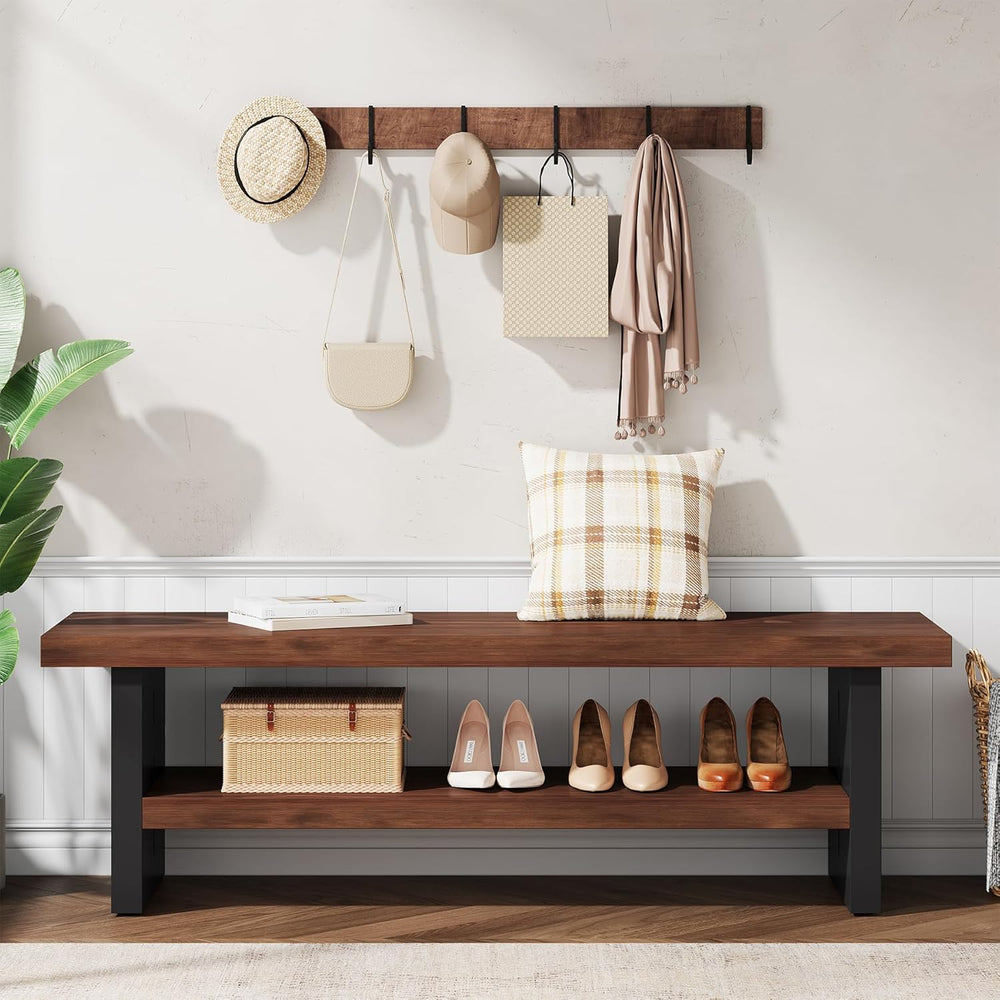 47" Solid Wood Entryway Bench with Shoe Storage, 2-Tier Modern Farmhouse...