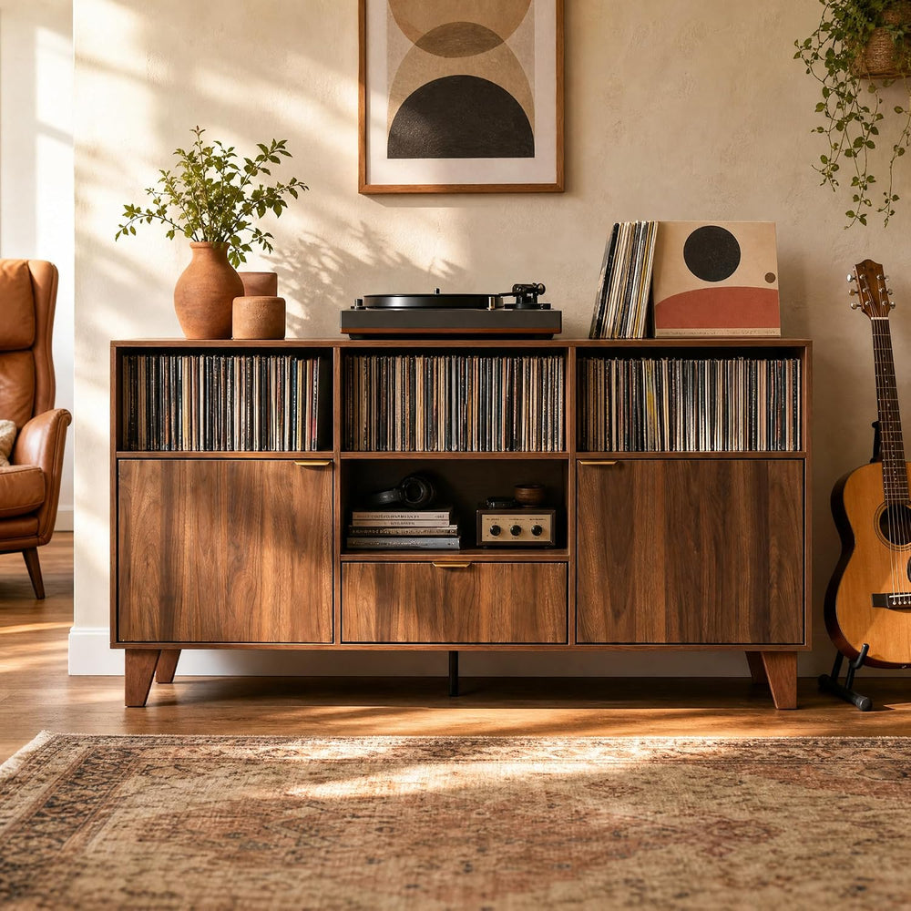 knoworld Large Record Player Stand with Vinyl Storage, Mid Century Modern Tur...