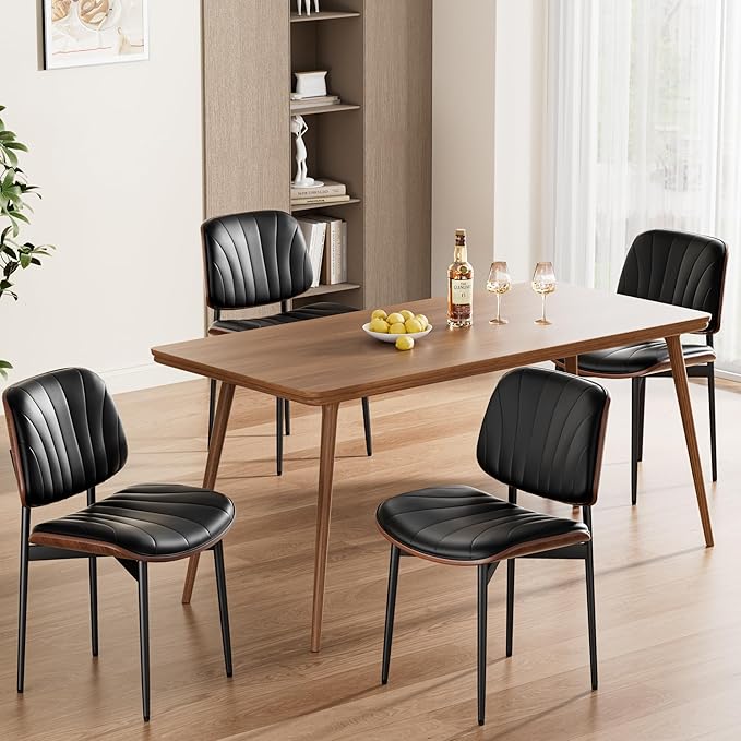 Dining Chairs Set of 6, Mid-Century Modern Upholstered PU Leather Chairs with Walnut Bentwood Back and Metal Legs Adjustable Feet for Kitchen Dining Room, Black Shell Strips