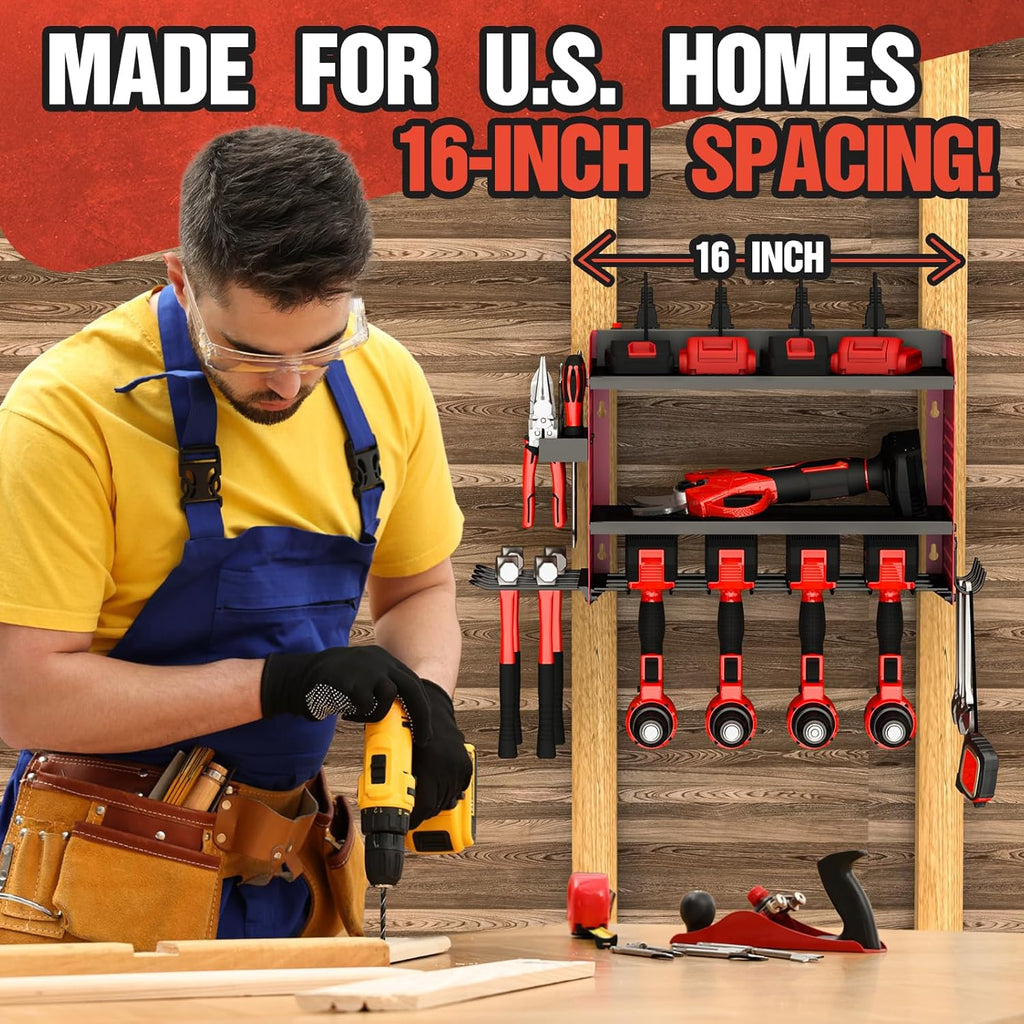 Veitorld Power Tool Organizer with Charging Station - 4 Drill Holders - Heavy Duty Modular Wall Mount Rack for Garage, Tool Storage Organizer - Christmas Birthday Gifts for Men Dad Him Husband