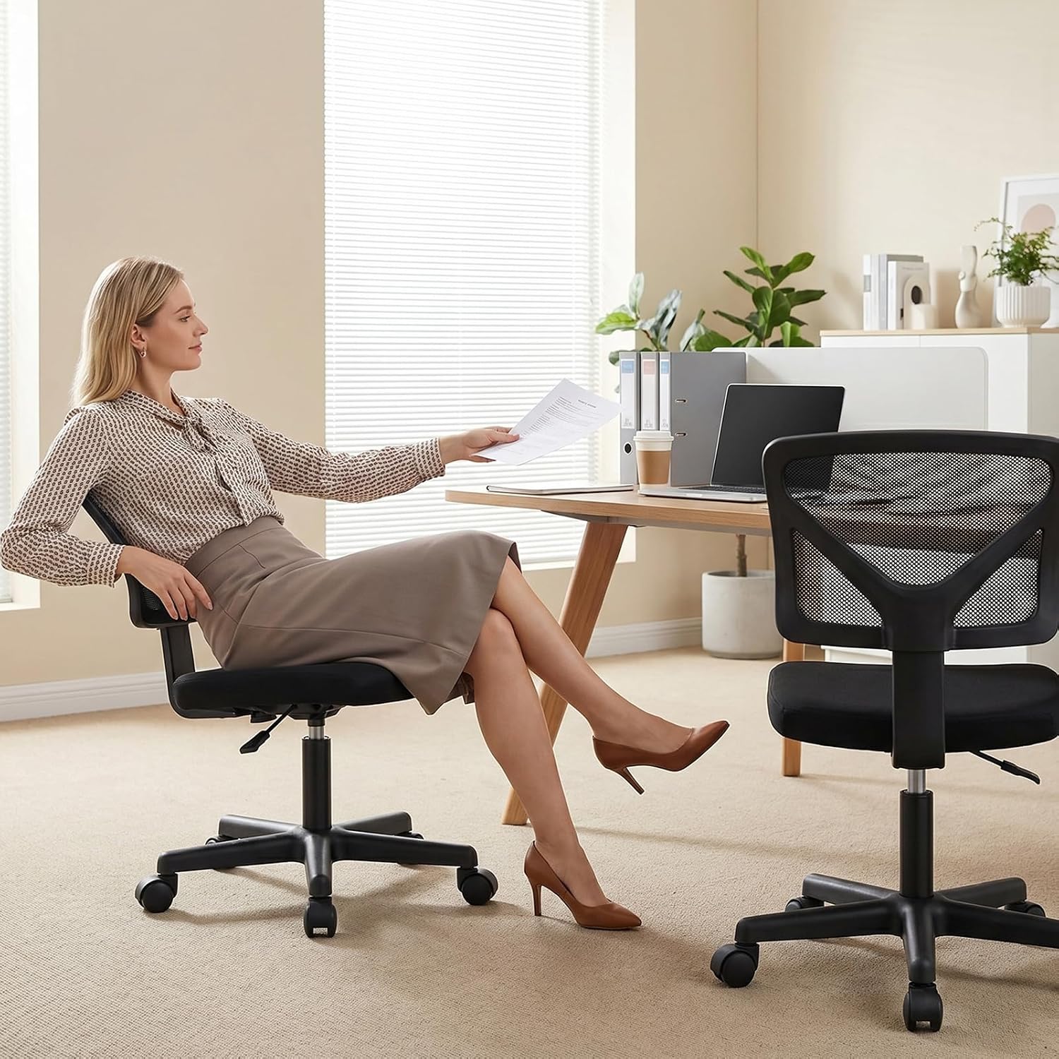 OLIXIS Armless Office Chair, Ergonomic Desk Chair with Wheels, Mesh Back, Removable Washable Foam Cushion, Height Adjustable Rolling Swivel Chairs for Small Space, Home, Office, Black
