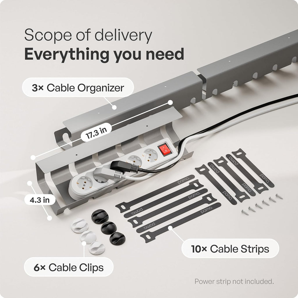 PAMO Cable Management Under Desk for Easy mounting Under-Table I Set of 3 - with 10X Cable Ties I Desk Organizer for Office/Home Office Table Thoughtful Cable Tray Holder