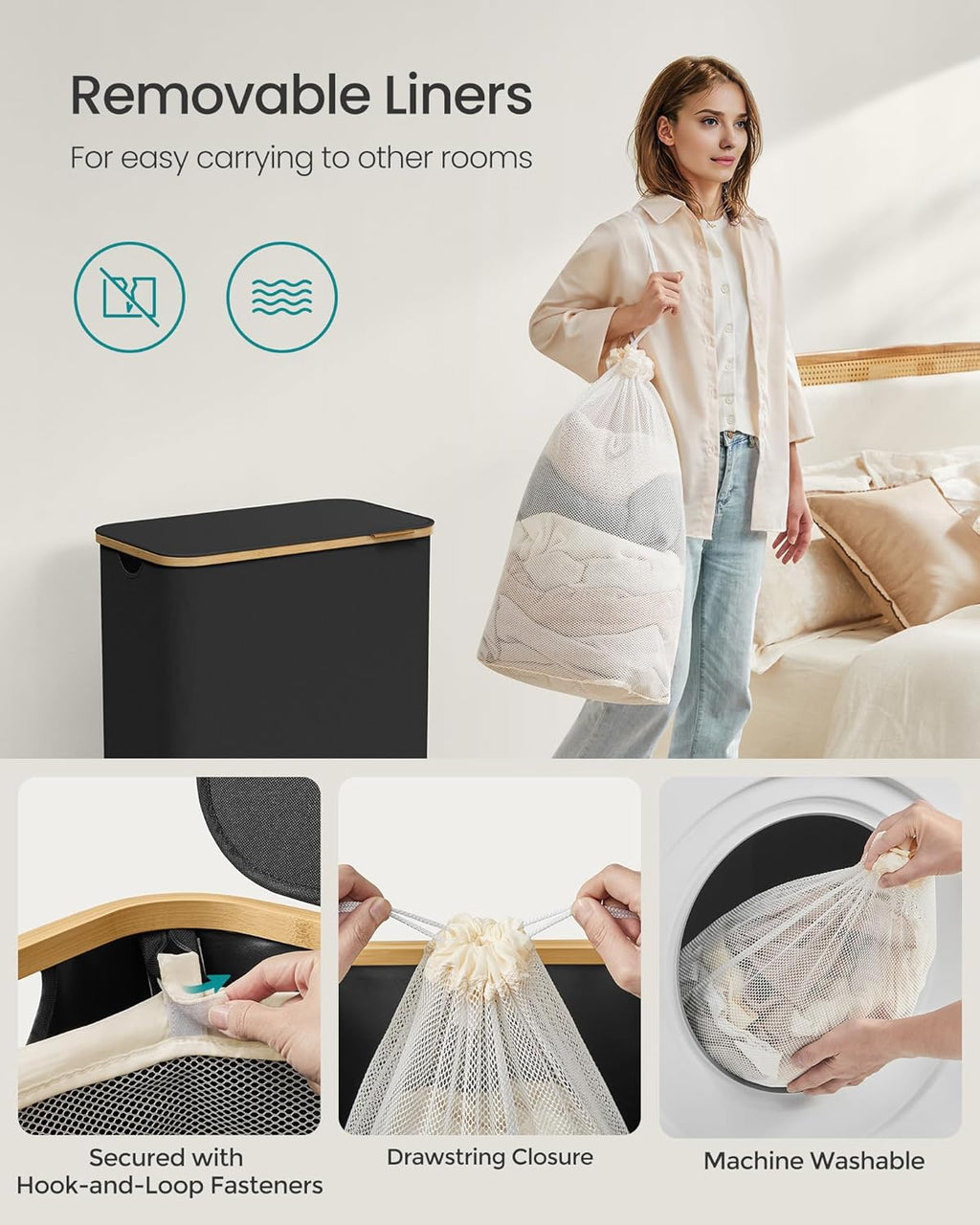 SONGMICS Laundry Hamper with Lid, 2-Section Large Laundry Basket, 34.3-gallon (130L), Removable Mesh Liner, Bamboo Handles, Collapsible, 20.5 x 15.2 x 27.8 Inches, Ink Black ULCB513B01