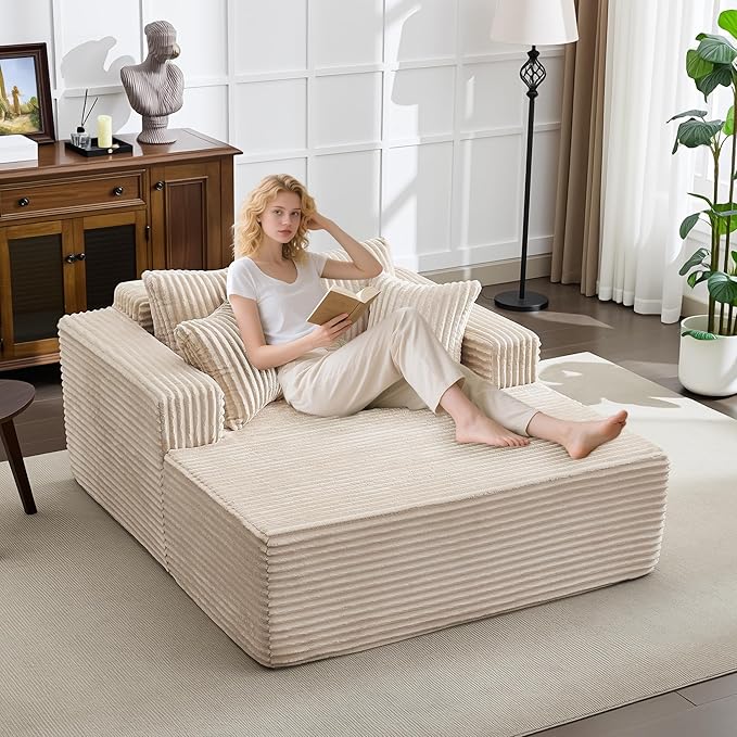 54.3"W Oversized Chaise Lounge Chair Indoor, Boneless Corduroy Sleeper Sofa Bed with 4 Pillows, Armrests, Comfy Fluffy Reading Couch, No Assembly Required Cloud Sofa for Living Room, Bedroom, Office