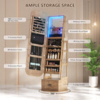 360°Swivel jewelry organizer with Full Length Mirror with Lights,Jewelry Armoires Cabinet Standing with Drawer,Large Mirror Storage for Jewelry and Makeup（Wood）