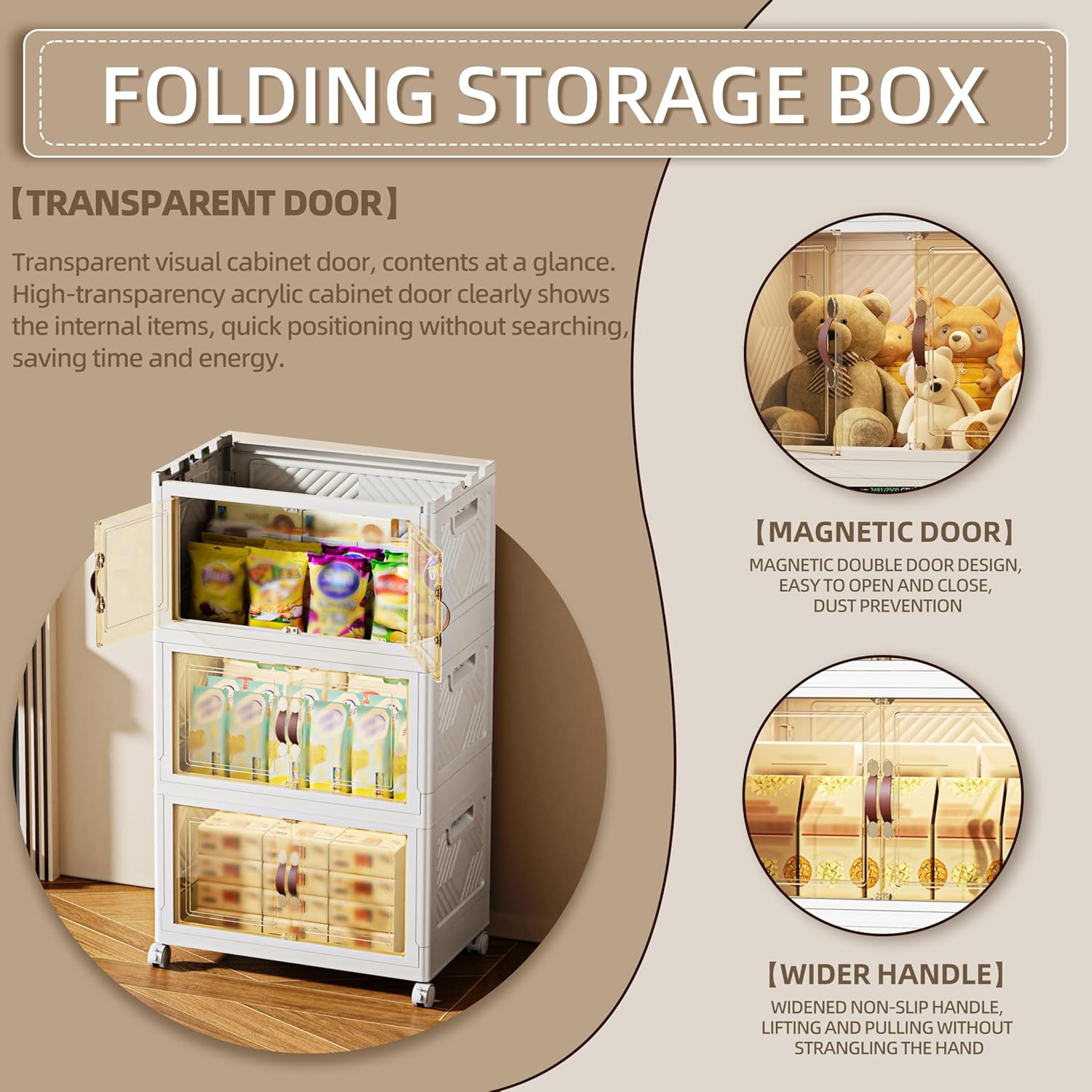 252 QT / 63 Gal Magnetic Door Storage Bins Collapsible Stackable w/1 Lid, Heavy Duty Plastic Cabinet with Wheels for Home Office Organization (White)