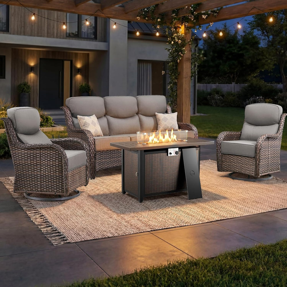Luxury Swivel Rocker Chairs Fire Pit Table Set with 6" Thick Cushion 4 p...