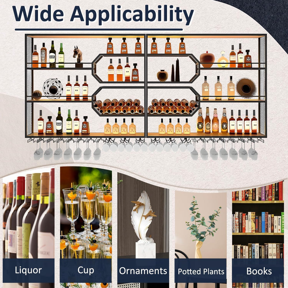 Large Liquor Shelf, Solid Wood Wall Mounted Wine Rack with Glass Holder &...
