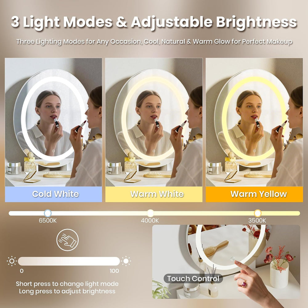 Small Vanity Desk with Mirror and Lights, Wooden Handles with Cushioned Stool...