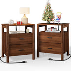 Night Stand Set of 2 with Charging Station, 20" Large Modern Side Table with Solid Round Post Legs, 2 Drawers End Table with Open Shelf, Nightstand for Bedroom, Walnut