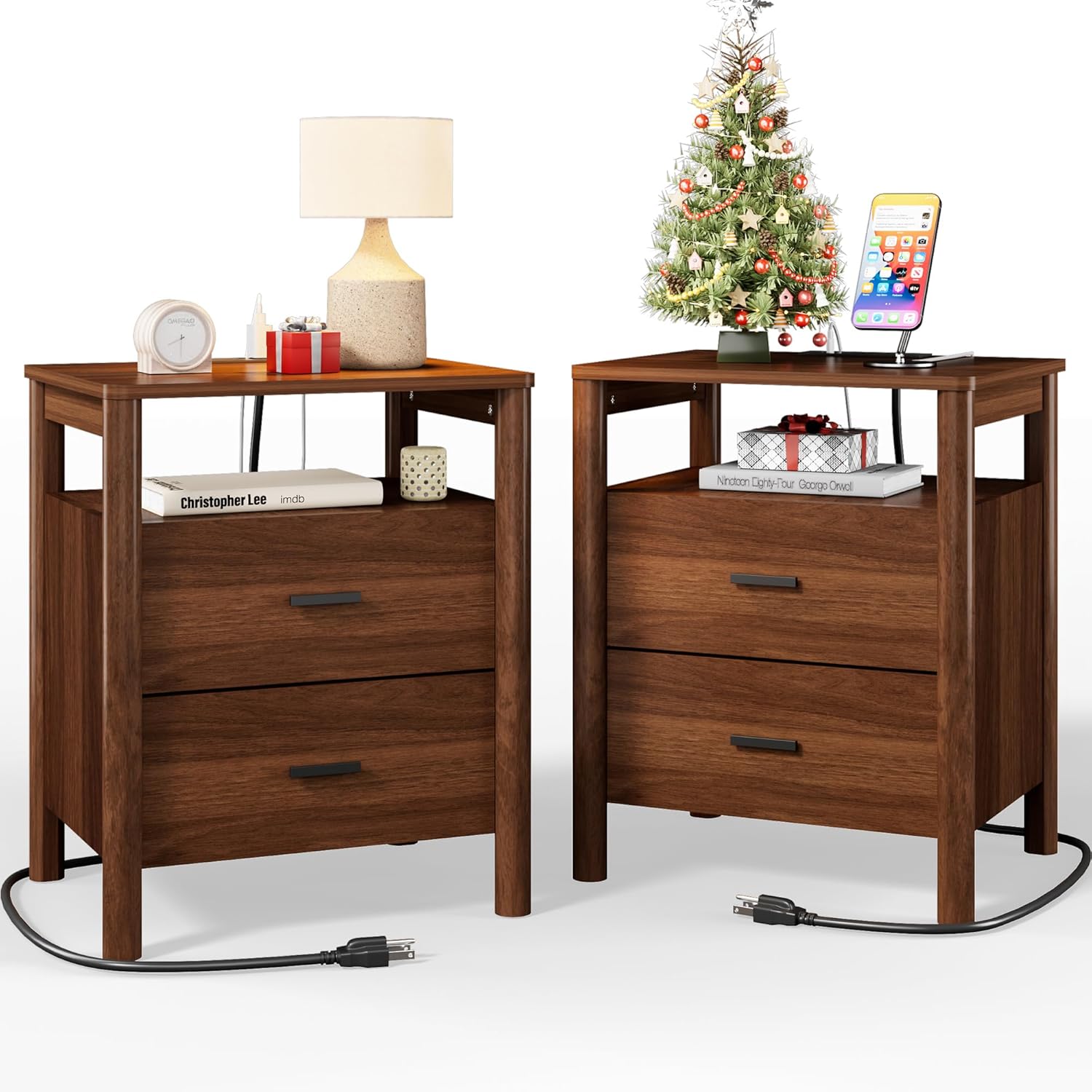 Night Stand Set of 2 with Charging Station, 20" Large Modern Side Table with Solid Round Post Legs, 2 Drawers End Table with Open Shelf, Nightstand for Bedroom, Walnut