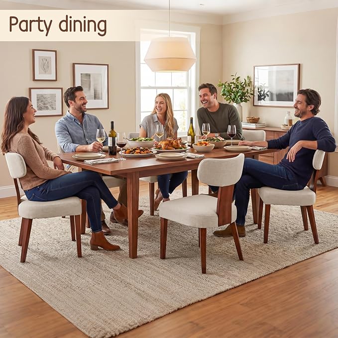 Dining Chairs Set of 6, Mid-Century Modern Upholstered Kitchen Chairs with Curved Backrest and Linen Fabric Seat, Wood Leg Accent Chairs for Dining Room, Living Room, Bedroom, Linen Beige