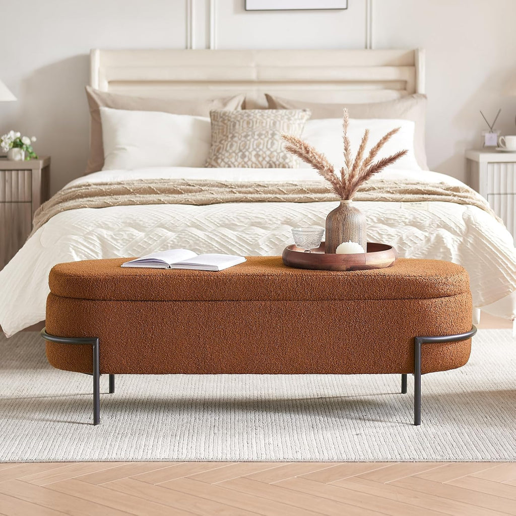 FiveWillowise 45 Inch Sherpa Storage Ottoman Bench,End of Bed Bench | Upholstered Boucle Storage Bench with Storage,Metal Stand and Hinges,Oval Ottomans for Living Room,Bedroom,Brown