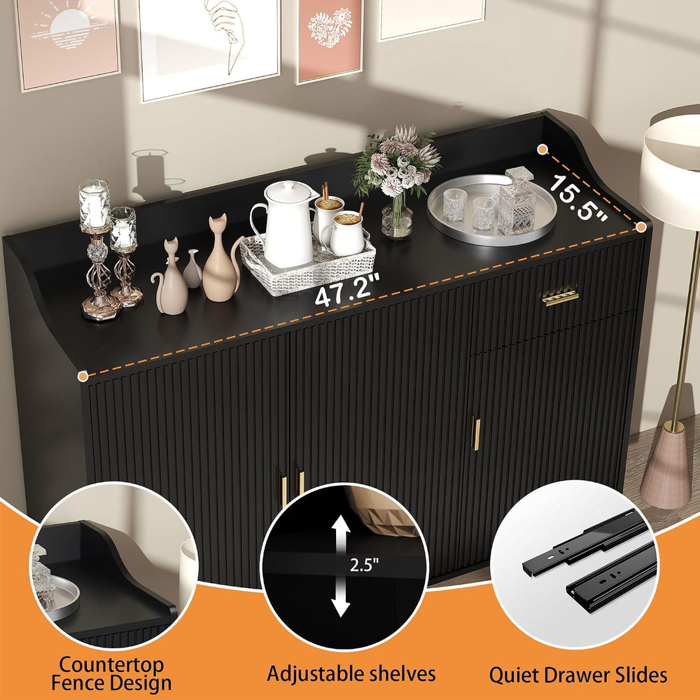 Sideboard Buffet Cabinet with Drawers: 47" Black Fluted Sideboard Cabine...